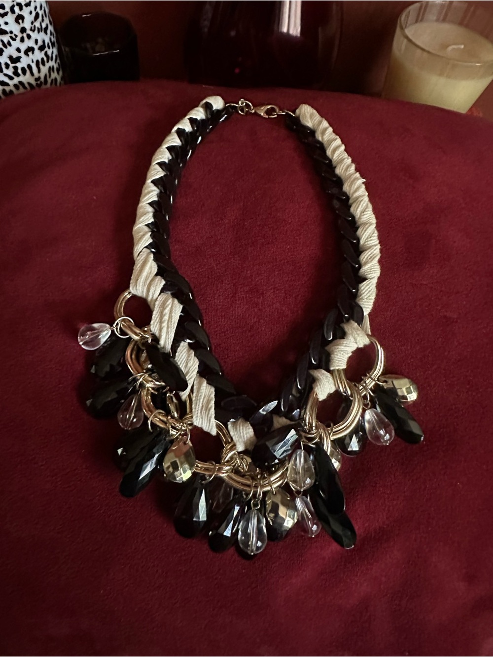 Banana Republic Black and Cream Beaded Tassel Necklace